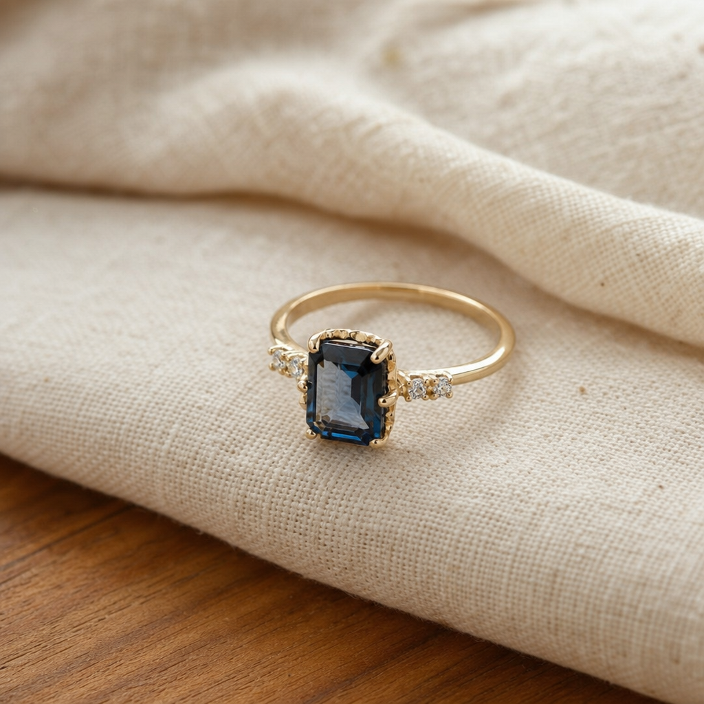 Emerald-Cut Blue Gemstone Ring with Round Accent Stones in Gold Tone