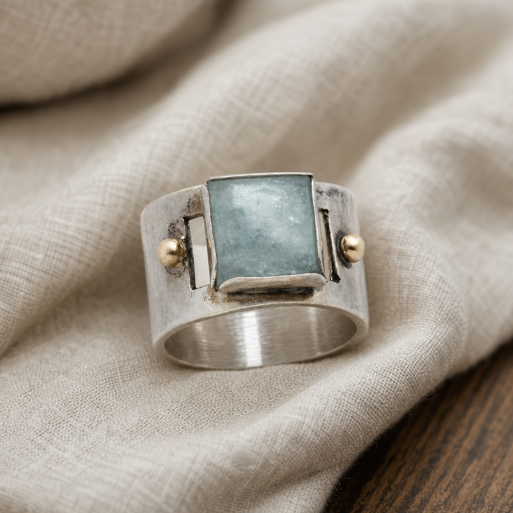Square Green Stone Ring with Gold-Toned Side Studs and Cutout Band