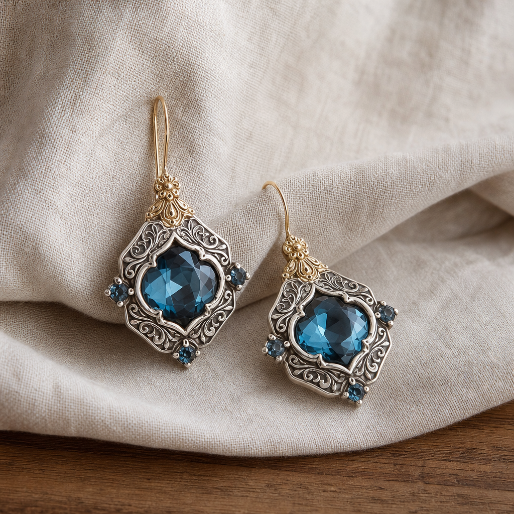 Blue Crystal Shield Drop Earrings with Two-Tone Scrollwork Frame
