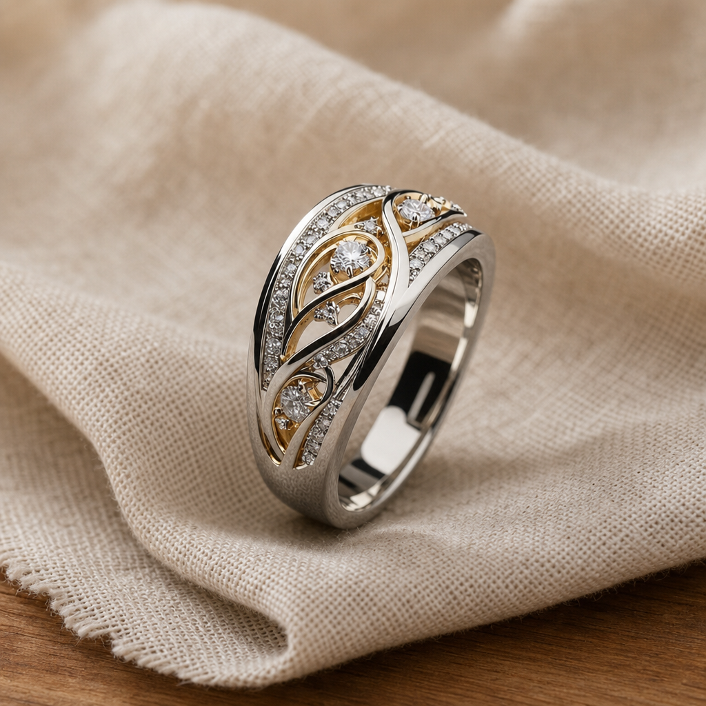 Openwork Filigree Cocktail Ring with Crystal Accents, Two-Tone Finish