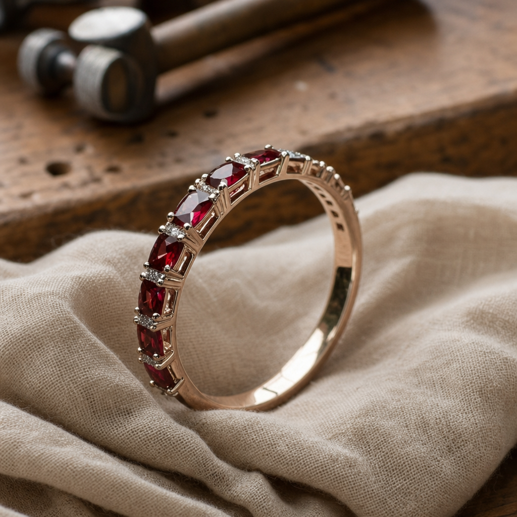 Red Gemstone Ring with Clear Accent Stones and Open Rose Gold Band