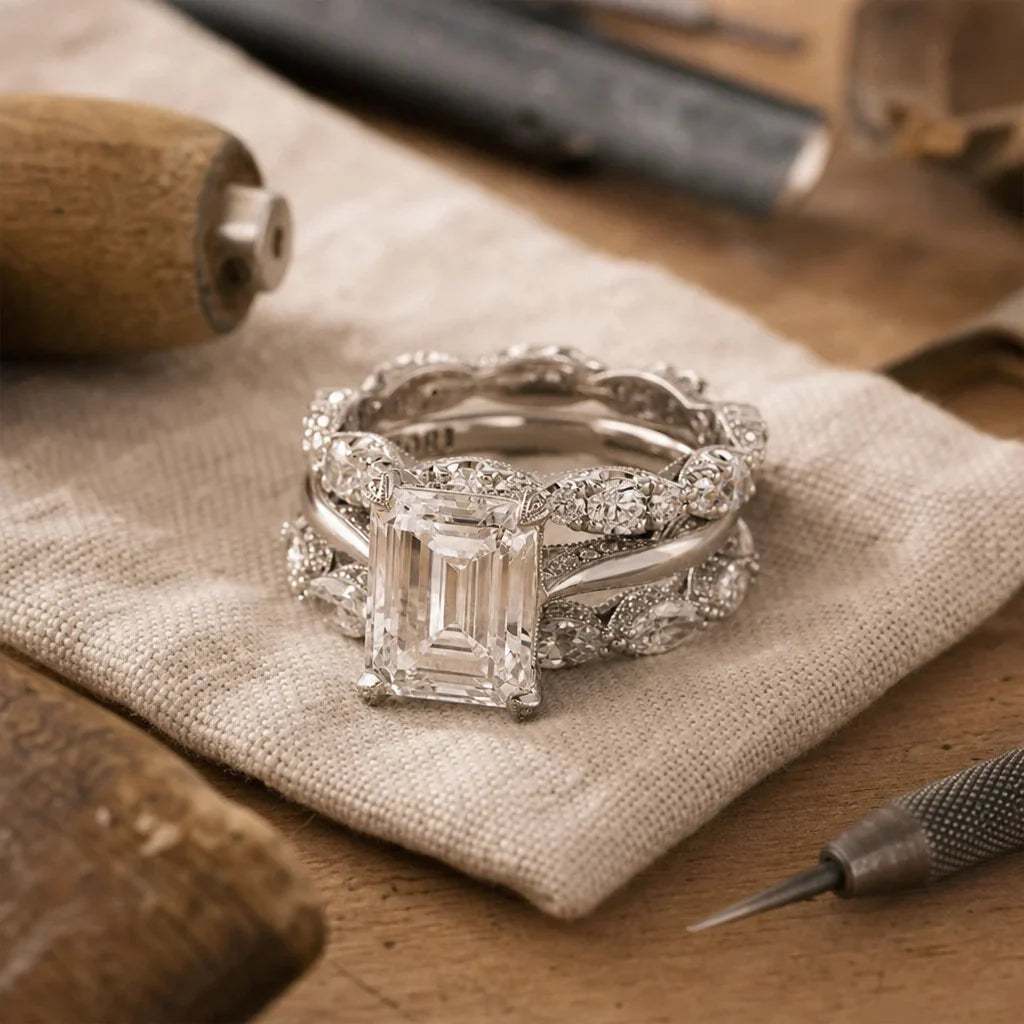 Silver Emerald-Cut Cubic Zirconia Cocktail Ring with Twisted Swirl Band