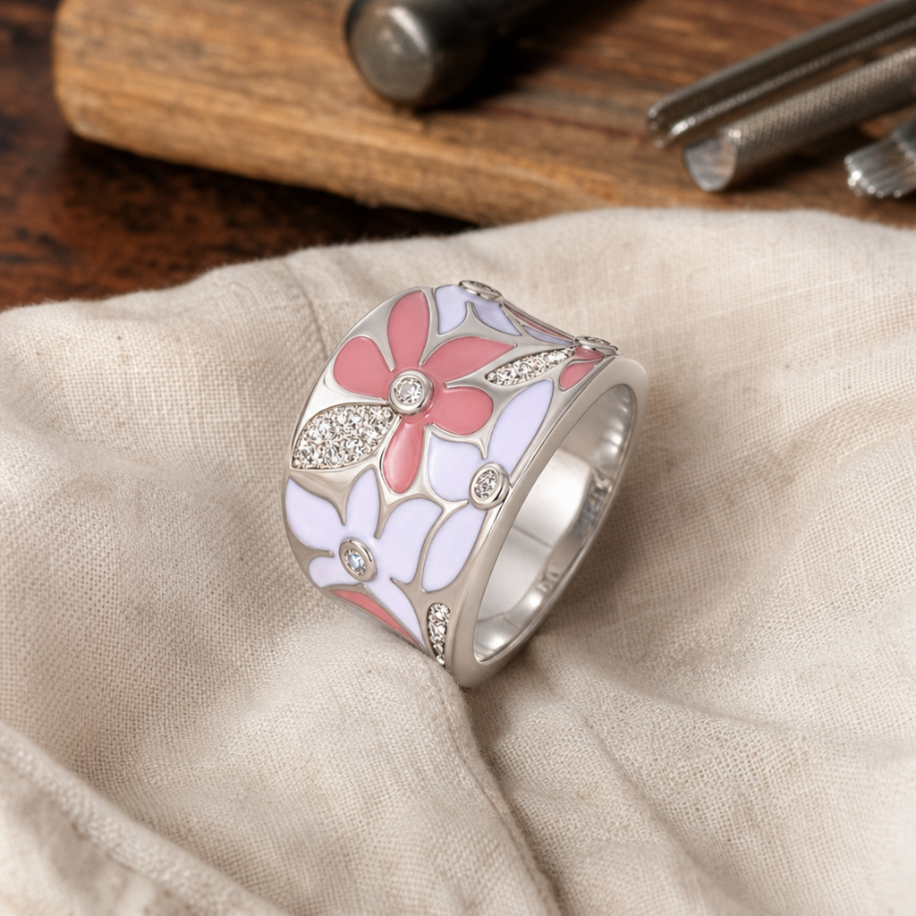 Pink and Lavender Flower Enamel Cocktail Ring with Crystal Accents