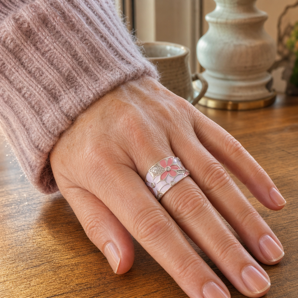 Pink and Lavender Flower Enamel Cocktail Ring with Crystal Accents