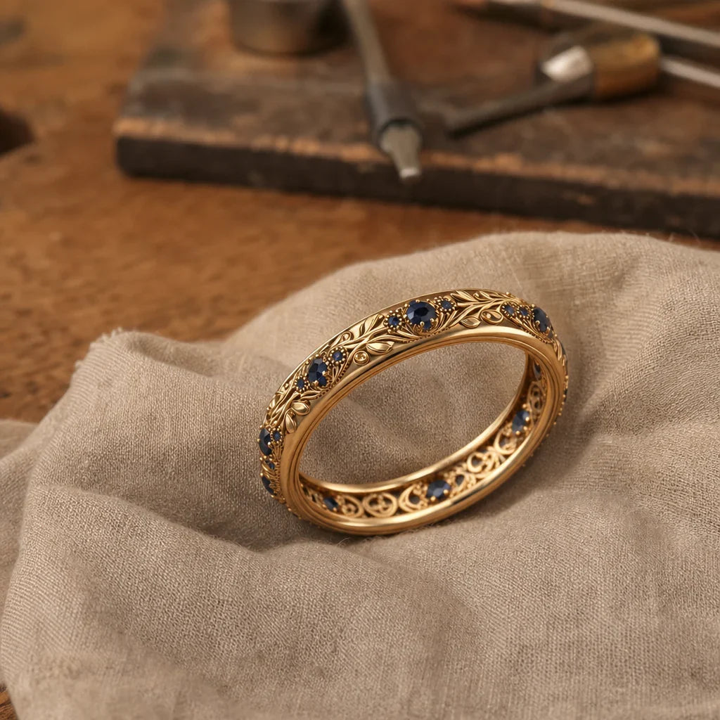 Leaf Motif Blue Zirconia Filigree Ring in Gold Tone