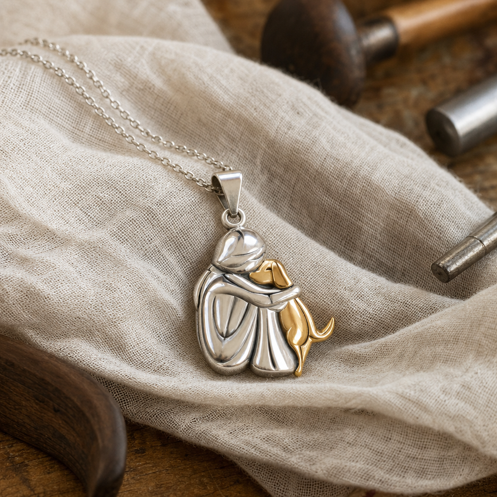 Dog Embrace Pendant Necklace in Silver and Gold Tone