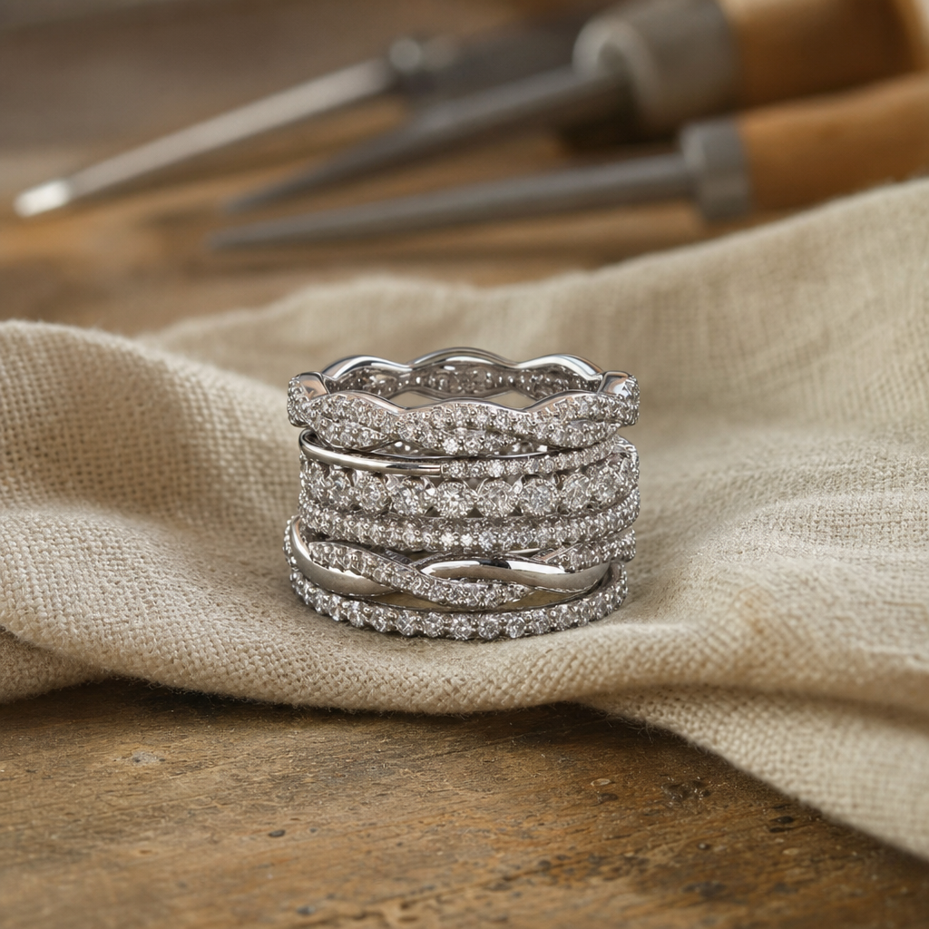 Layered Cubic Zirconia Silver Ring – Wide Band Statement Cocktail Ring