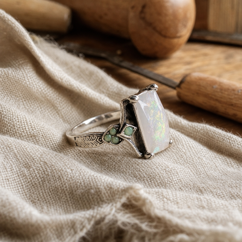 Rectangular White Opal Ring with Green Accent Stones and Milgrain Band