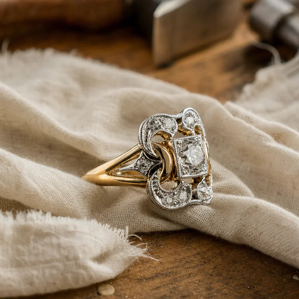 Vintage Cubic Zirconia Gold-Tone Halo Cocktail Ring with Filigree Split Shank