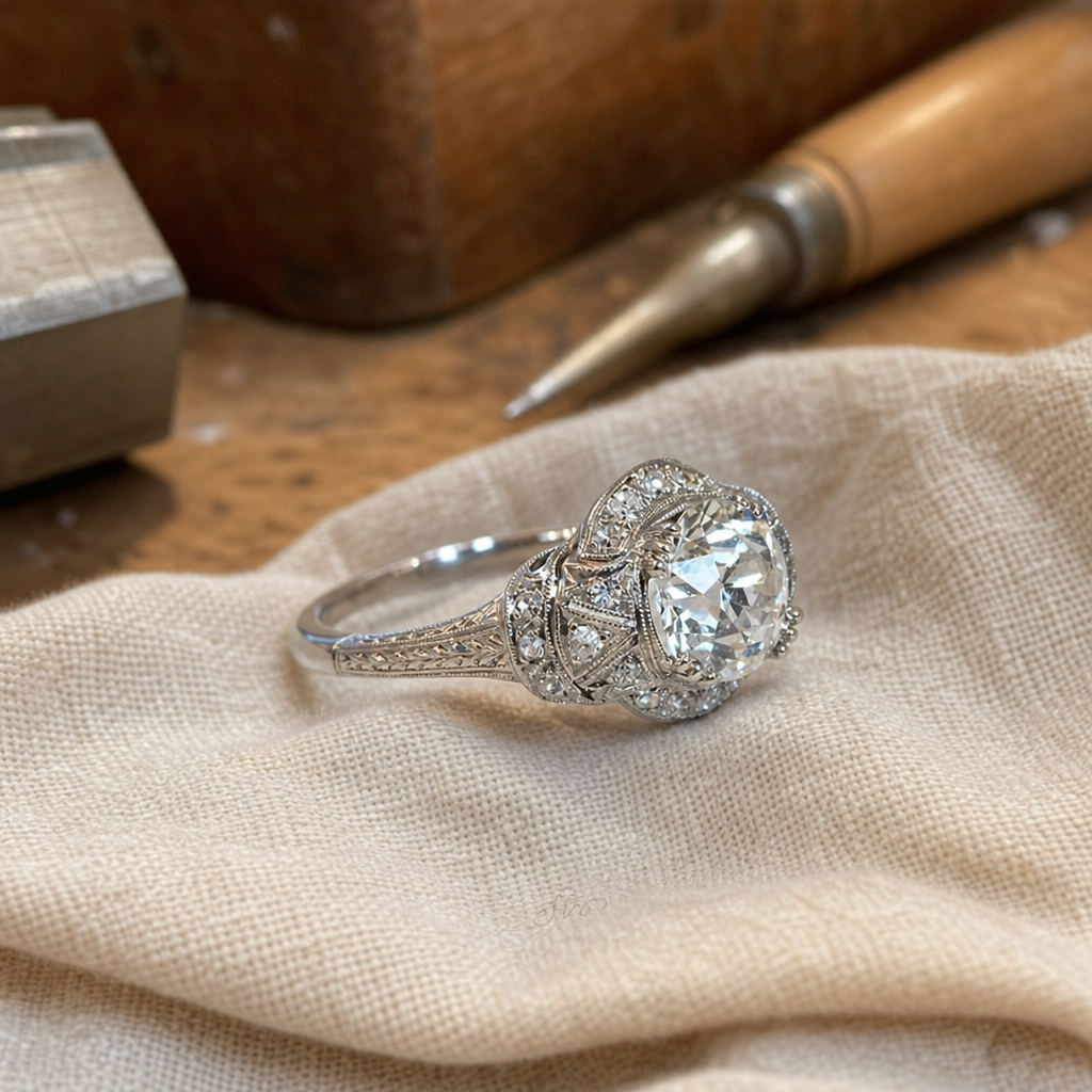 Vintage Halo Cocktail Ring – Crystalline Center Stone, Silver-Tone Filigree Band