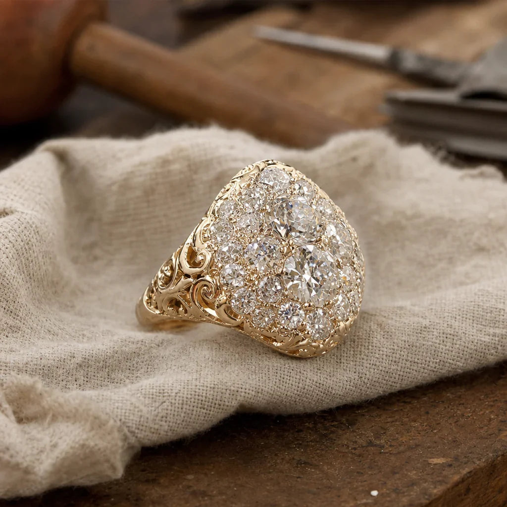 Gold Pavé Diamond Cocktail Ring with Vintage Filigree Band and Cushion Cluster Setting