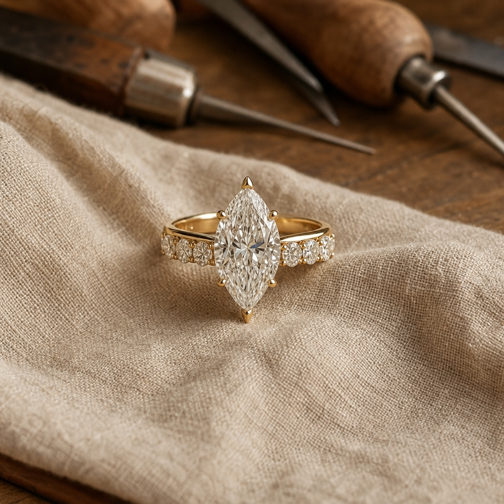 Marquise Stone Ring in Gold Tone with Pavé Accent Band