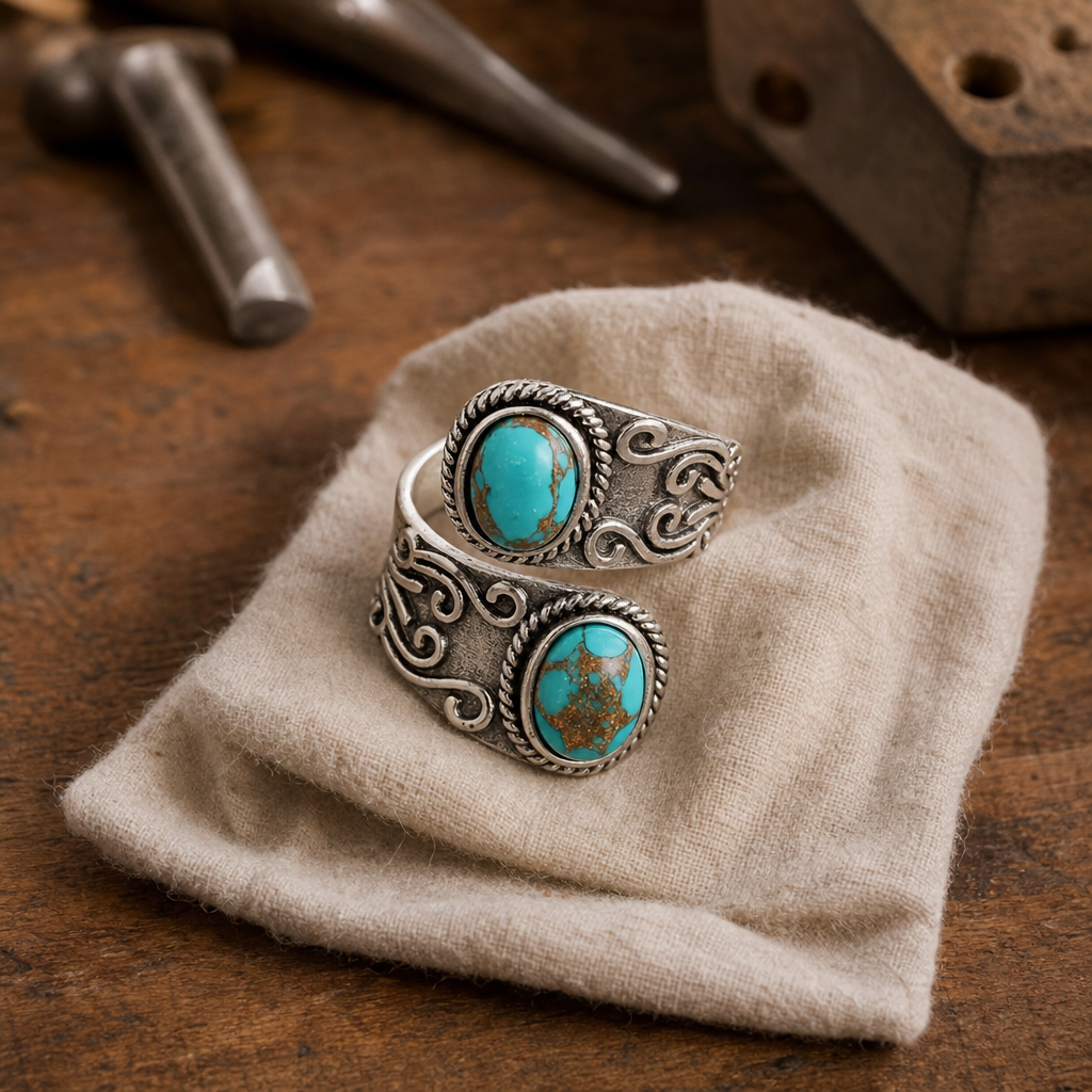 Sterling Silver Statement Ring with Two Oval Turquoise Stones, Vintage Southwestern Scrollwork Band, Adjustable