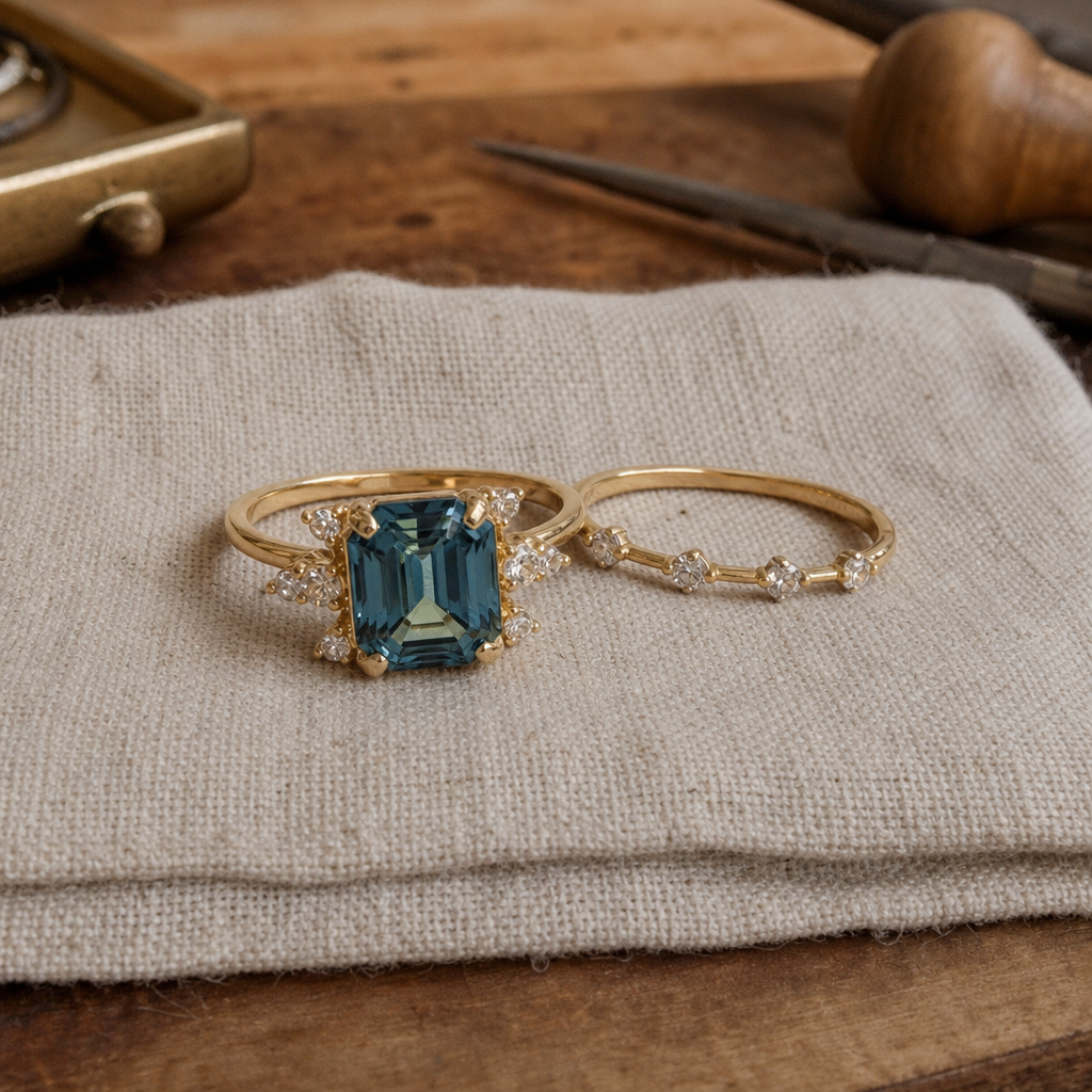 Two-Piece Gold-Tone Ring Set with Emerald-Cut Blue Gemstone and Halo Accents