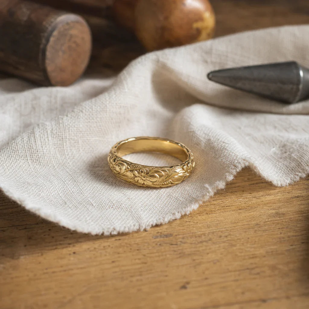 Floral Relief Gold-Tone Band Ring with Comfort-Fit Interior