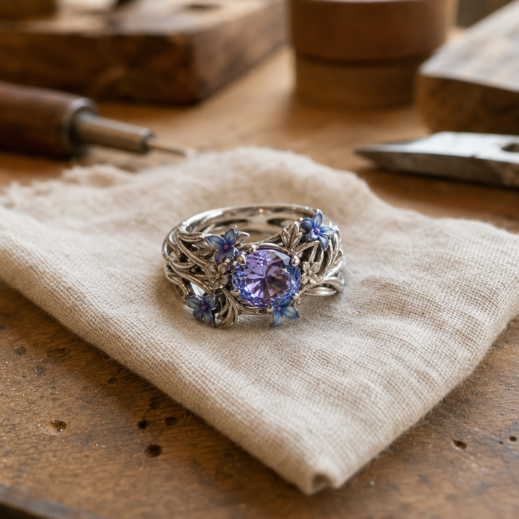 Vintage-Inspired Lavender Gemstone Cocktail Ring, Floral Silver-Tone Band, Sizes 5-11