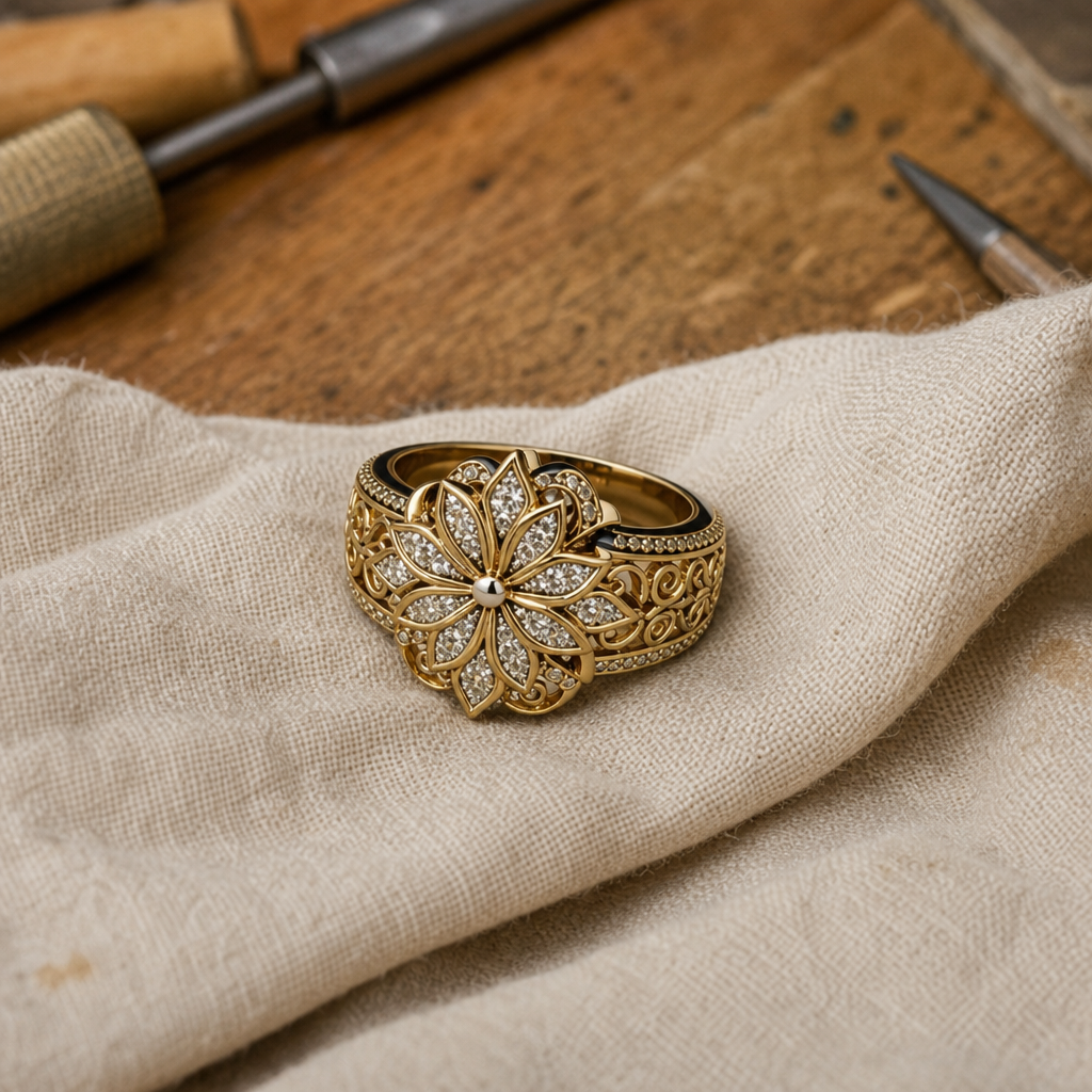 Gold-Tone Floral Bloom Cocktail Ring – Pavé Crystal Filigree Band, Sizes 6-10