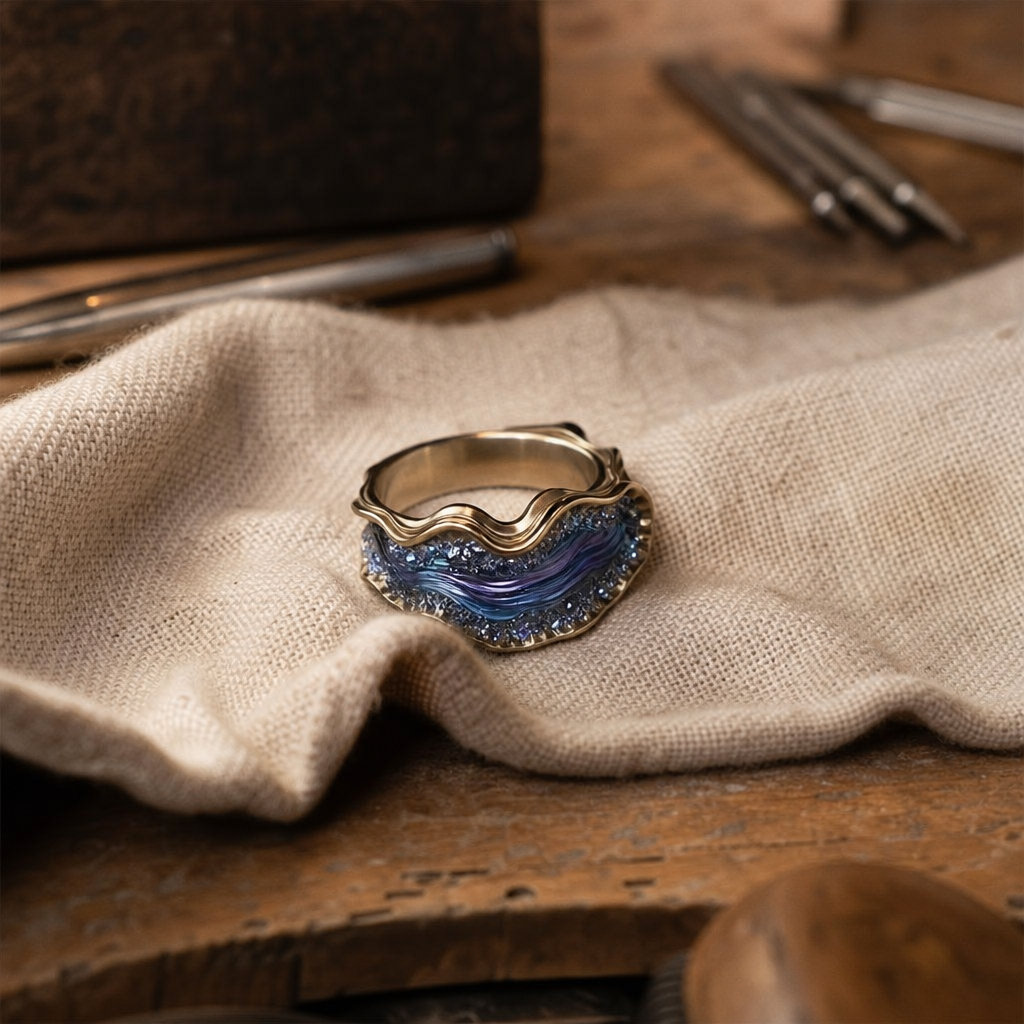 Sculptural Wave Blue Statement Ring with Gold-Tone Band