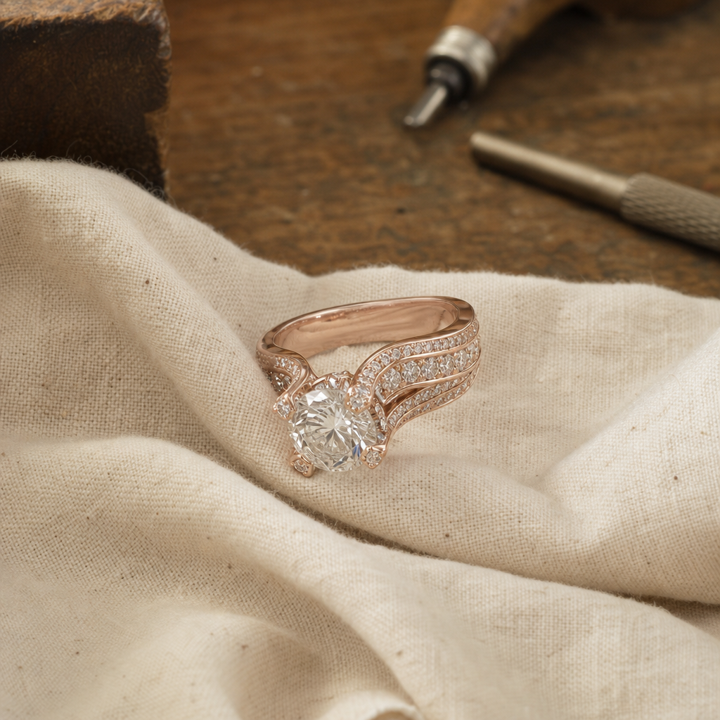 Round Brilliant Zirconia Ring with Pavé Split Shank Band