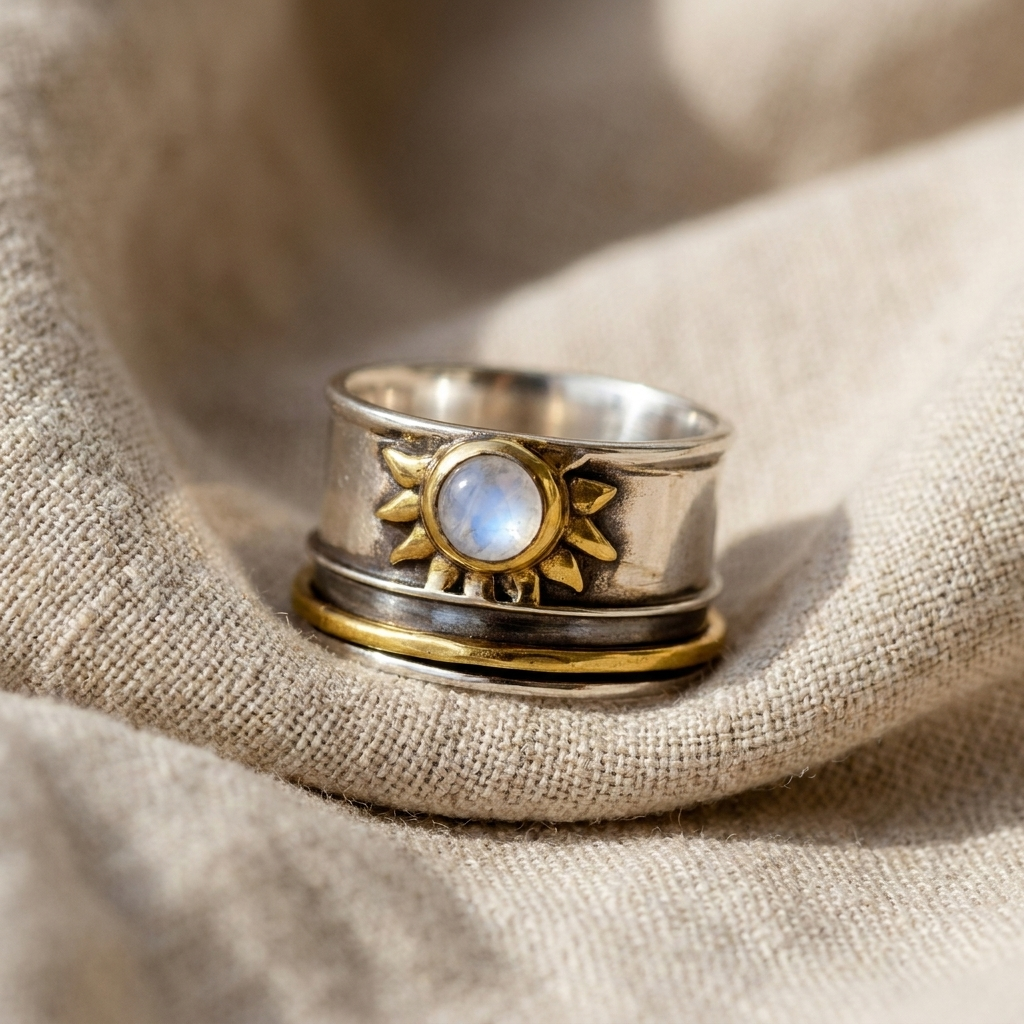 Two-Tone Sun Moonstone Ring with Wide Silver and Gold-Toned Band