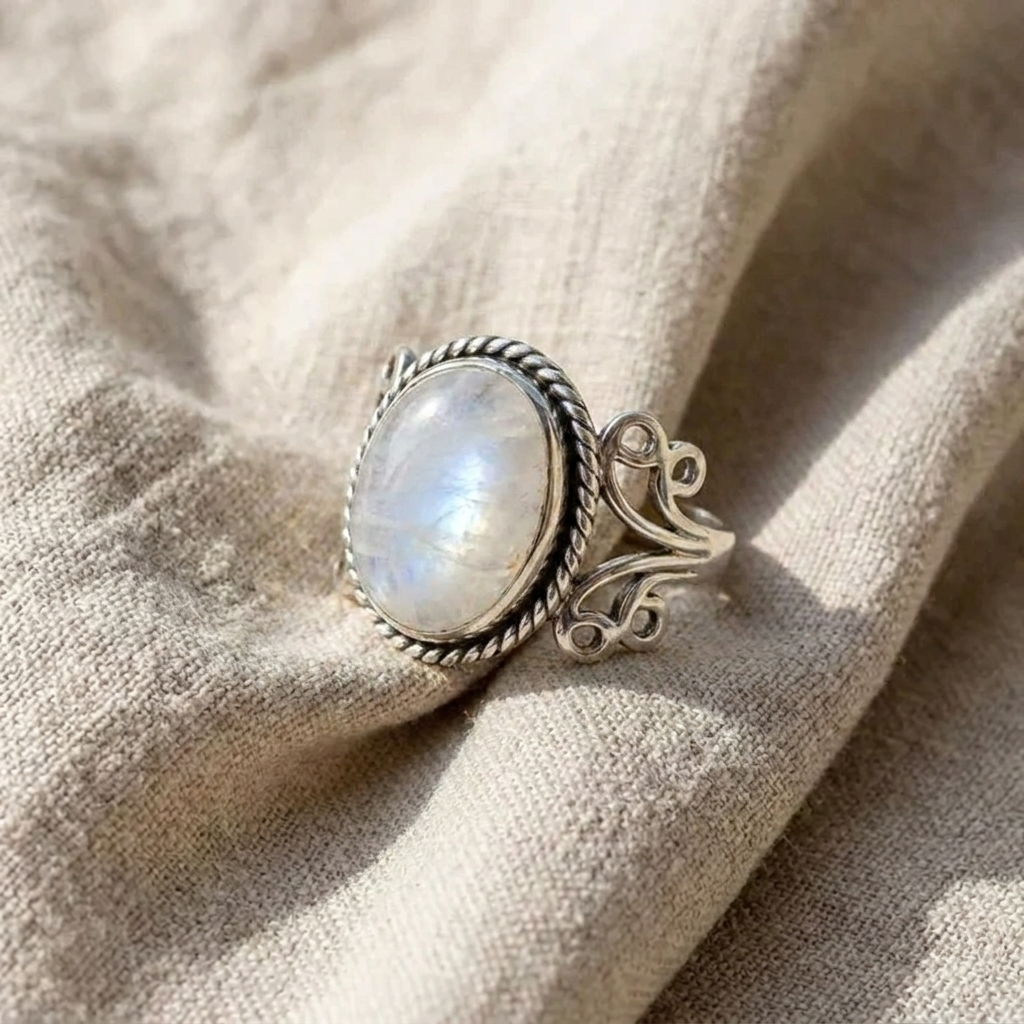 Moonstone-Look Jewelry Set - Silver-Tone Oval Ring, Teardrop Necklace and Moon Phase Bracelet - 3 Pieces