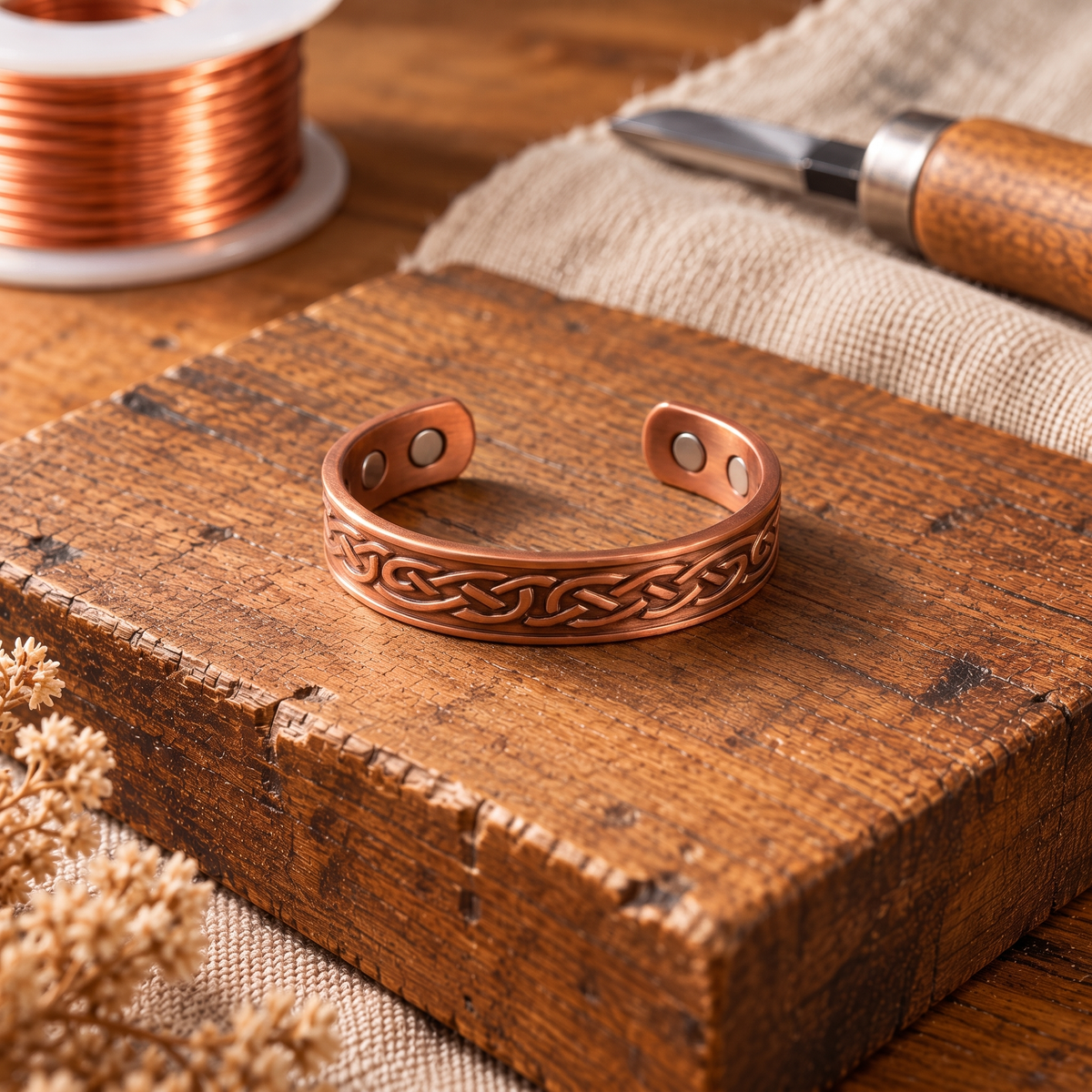 Copper Cuff Bracelet with Celtic Knot Design and Magnetic Stone Accents — Adjustable Open Cuff