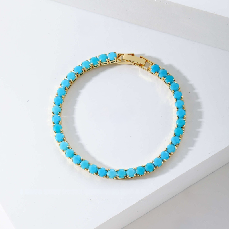 Round Turquoise Tennis Bracelet with Gold-Tone Box Clasp