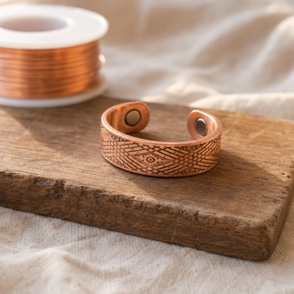 Copper Cuff Ring, Adjustable Fit, Pure Copper Band with Textured Crosshatch Eye Pattern — main image