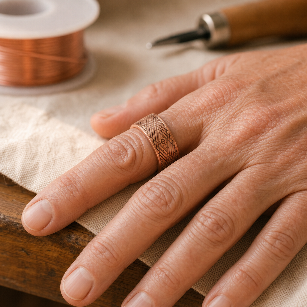 Copper Cuff Ring, Adjustable Fit, Pure Copper Band with Textured Crosshatch Eye Pattern — view 2