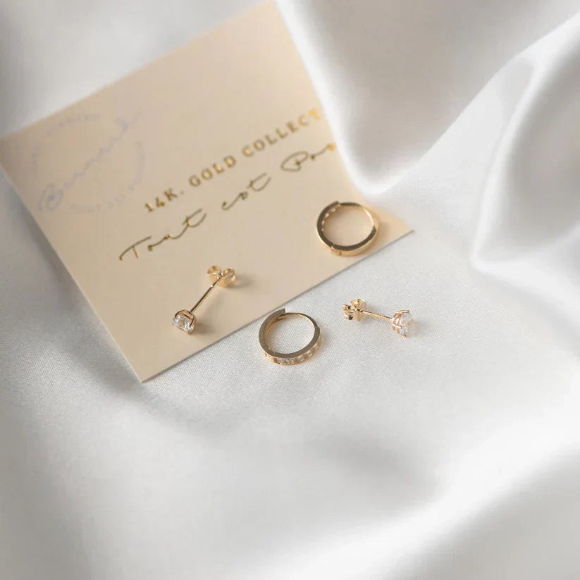 Round Clear Stone Stud Earrings in Gold, White Gold or Rose Gold — view 6