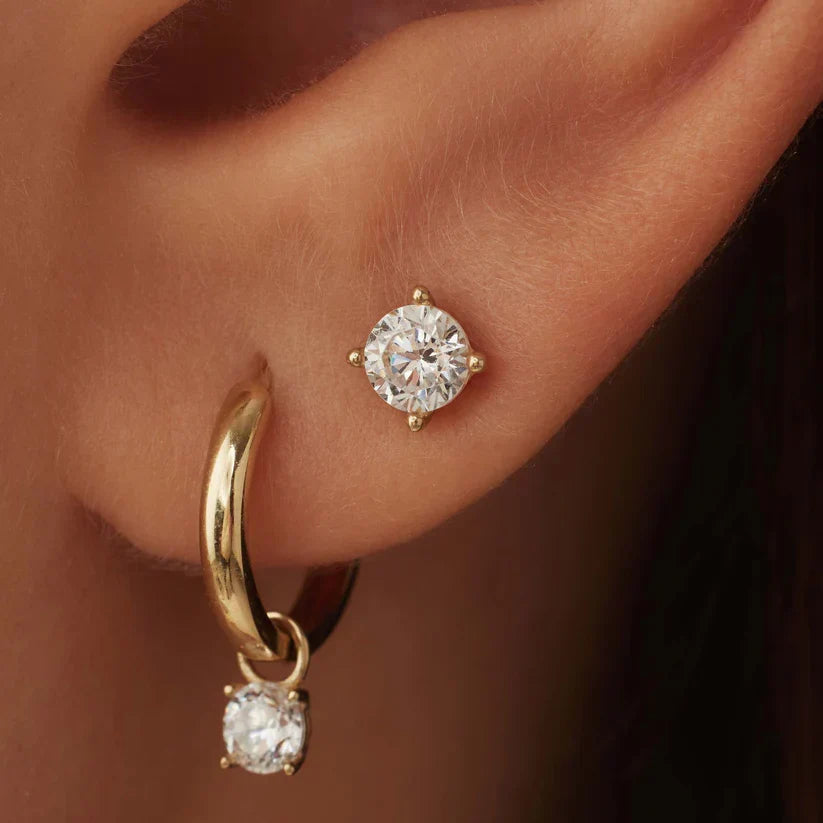 Round Clear Stone Stud Earrings in Gold, White Gold or Rose Gold — view 2