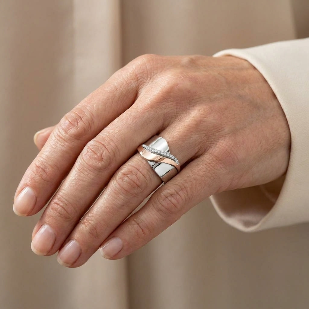 iconic rose gold silver zirconia ring — lifestyle