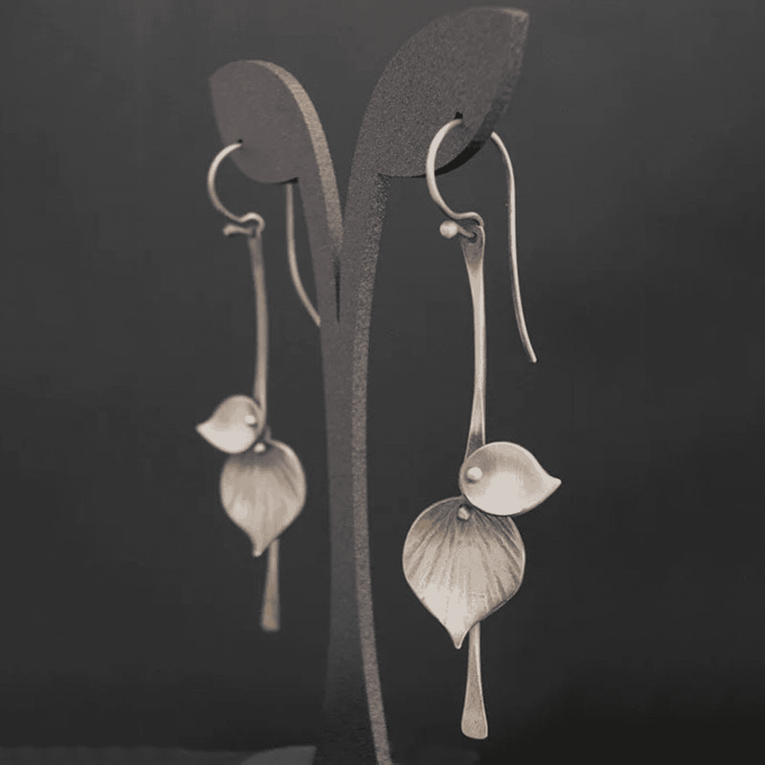 Lily Pod Drop Earrings in Silver Tone with Striped Petal Detail — main image
