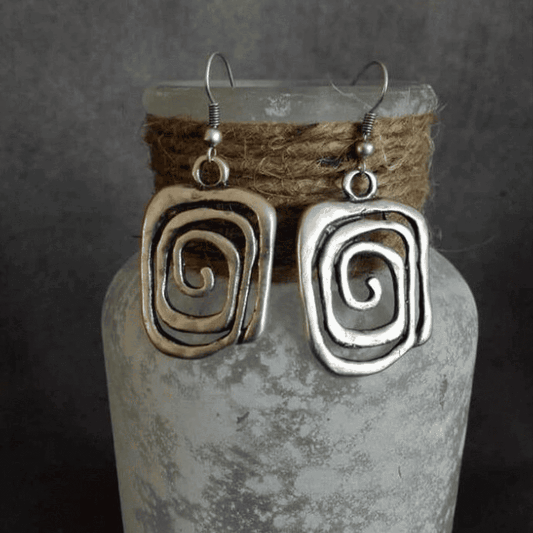 Nested Spiral Rectangular Drop Earrings, Silver and Bronze Tone