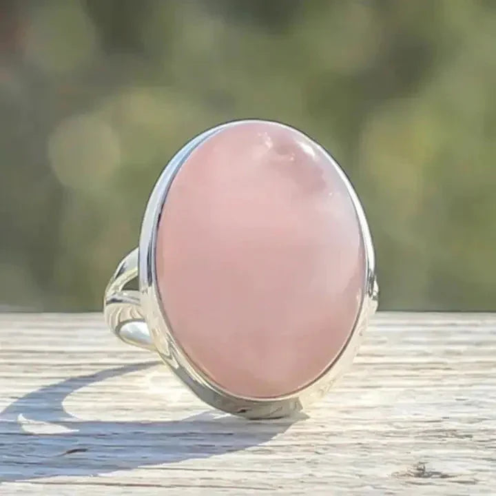 Oval Rose Quartz Cocktail Ring with Vintage-Style Silver-Tone Band — main image