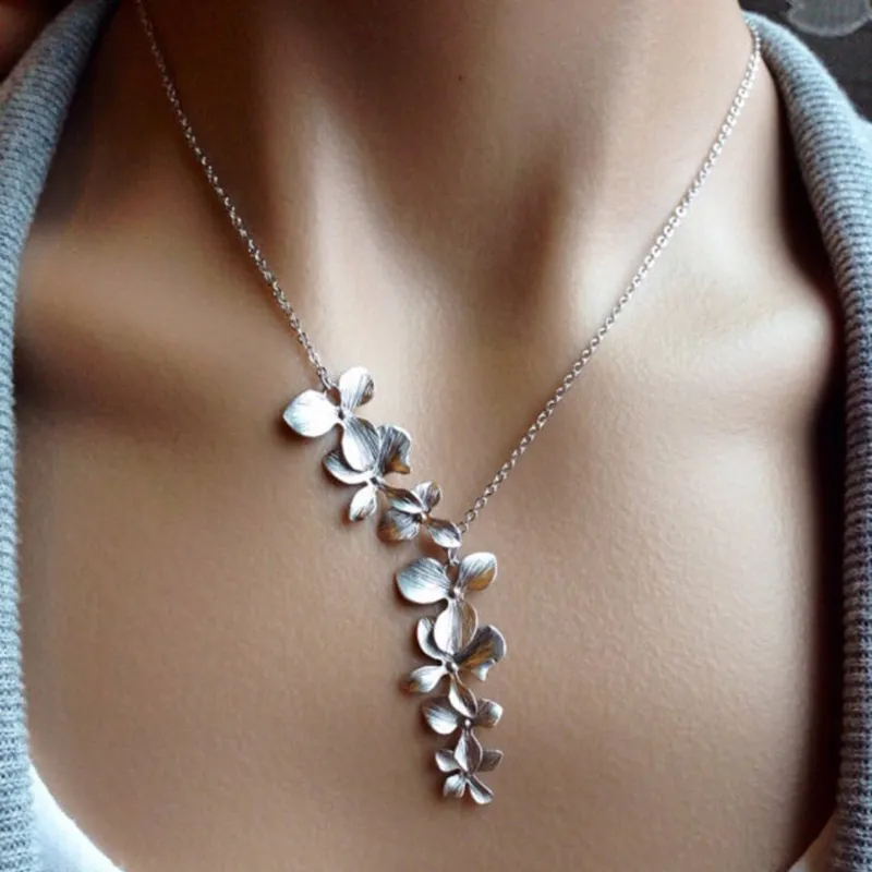 Cascading Flower Pendant Necklace in Polished Silver Tone — main image