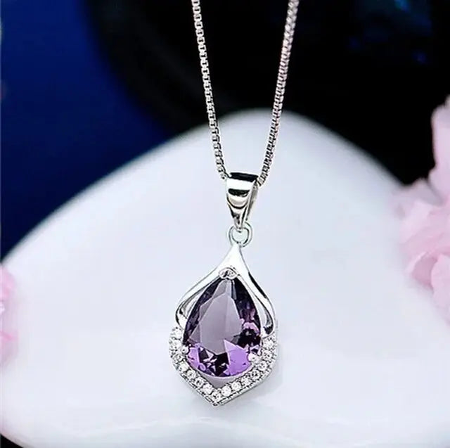 Teardrop Purple Crystal Pendant Necklace with Silver-Tone Halo Setting — main image