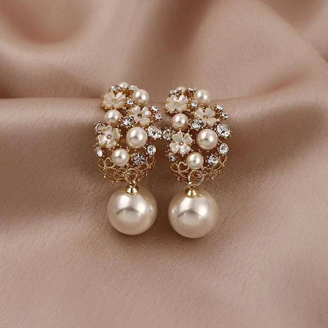Floral Pearl Cluster Drop Earrings with Crystal Accents — main image