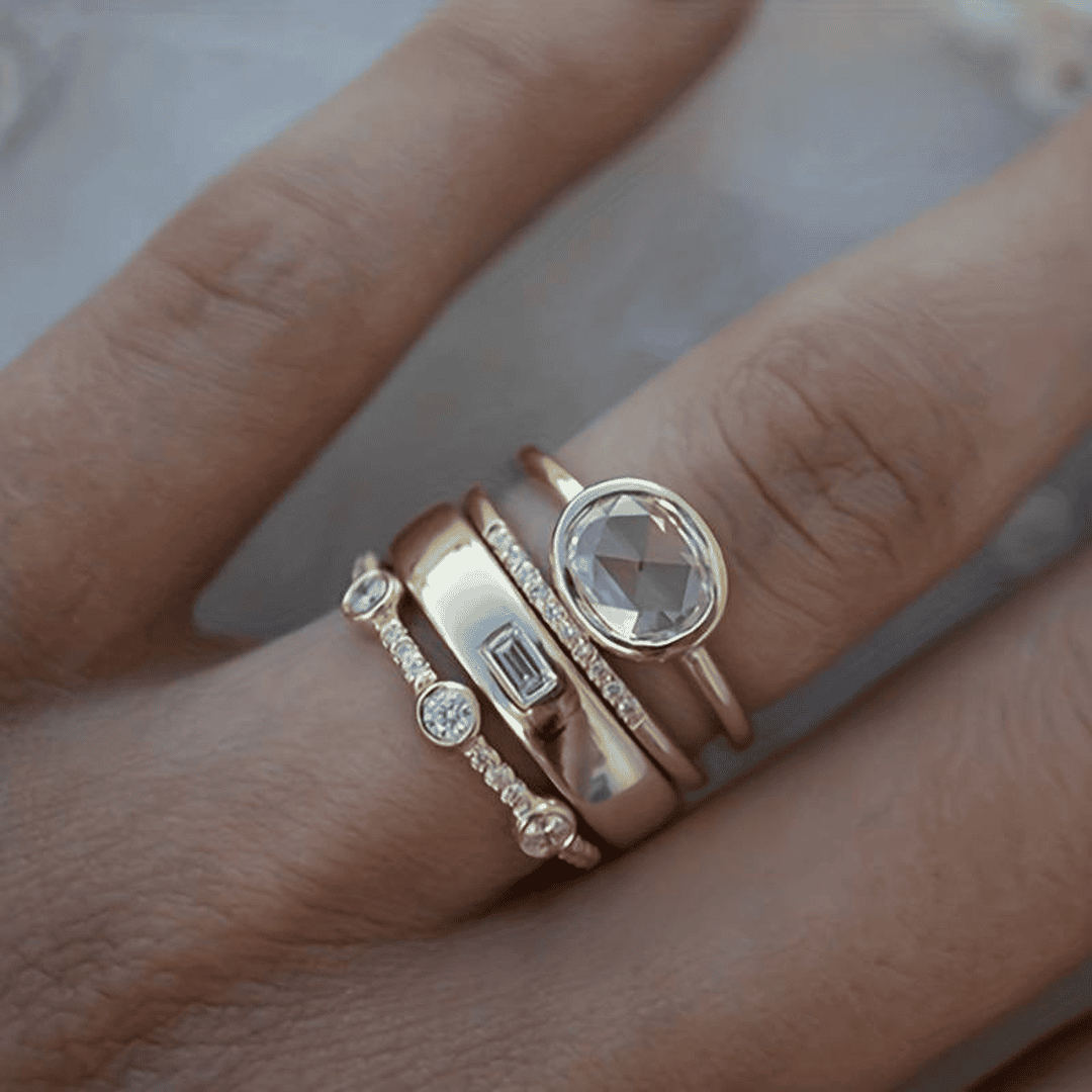 Zirconia Stackable Ring Set with Bezel & Band Designs, Silver Tone — main image