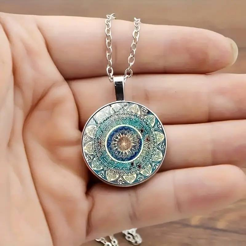 Round Blue Mandala Pendant Necklace with Silver-Tone Chain — main image