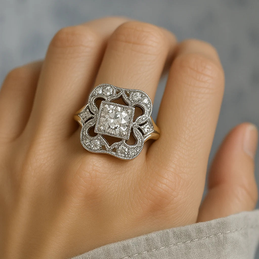 Vintage Cubic Zirconia Gold-Tone Halo Cocktail Ring with Filigree Split Shank