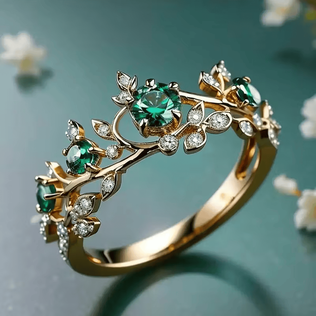 Emerald Blossom Ring with Diamond Leaf Accents in Gold Tone — main image
