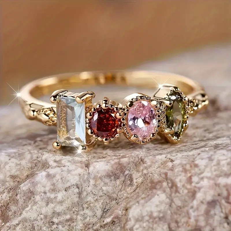 Floral Cluster Cocktail Ring with Red, Pink & Clear Stones in Gold Tone — main image