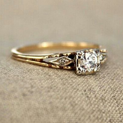 Gold-Tone Two-Ring Set - Sculptural Zirconia Ring and Vintage Solitaire Ring - 2 Pieces