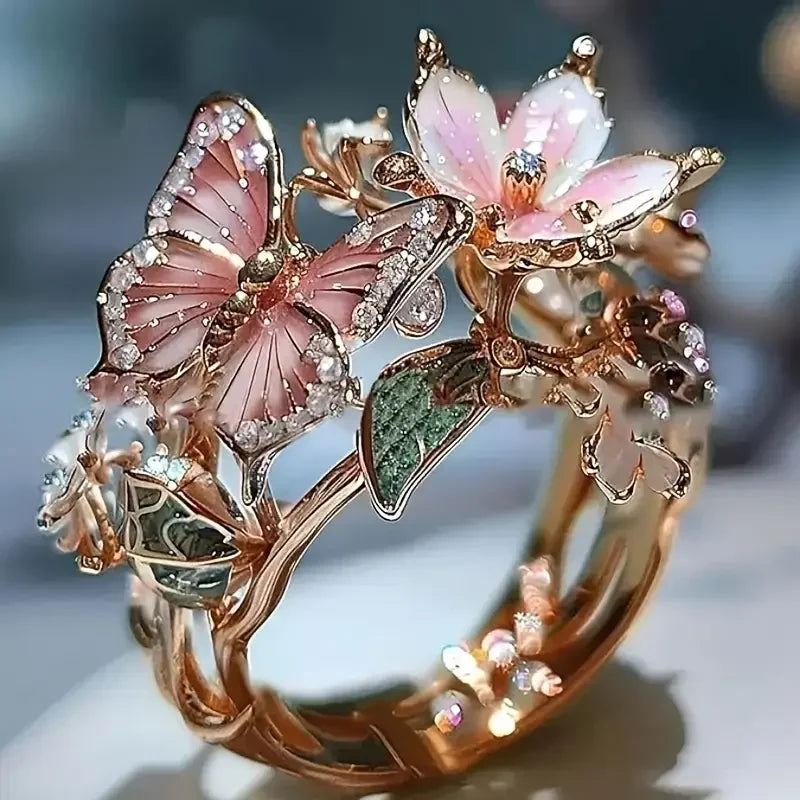 Butterfly Flower Zirconia Ring with Rose Gold-Tone Adjustable Band — main image