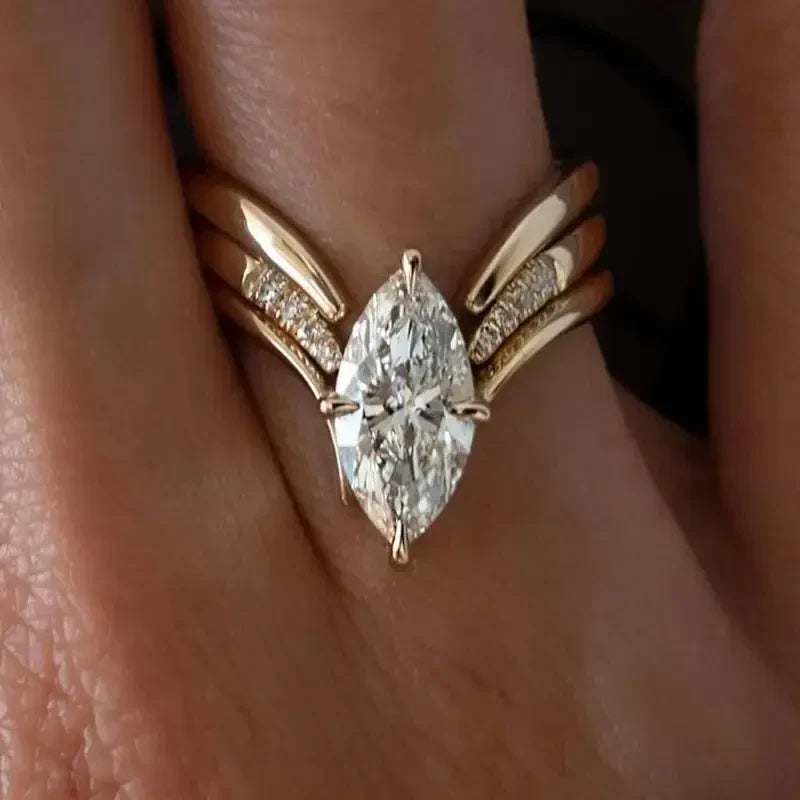 Marquise Clear Stone Cocktail Ring with Gold-Tone Wing Band