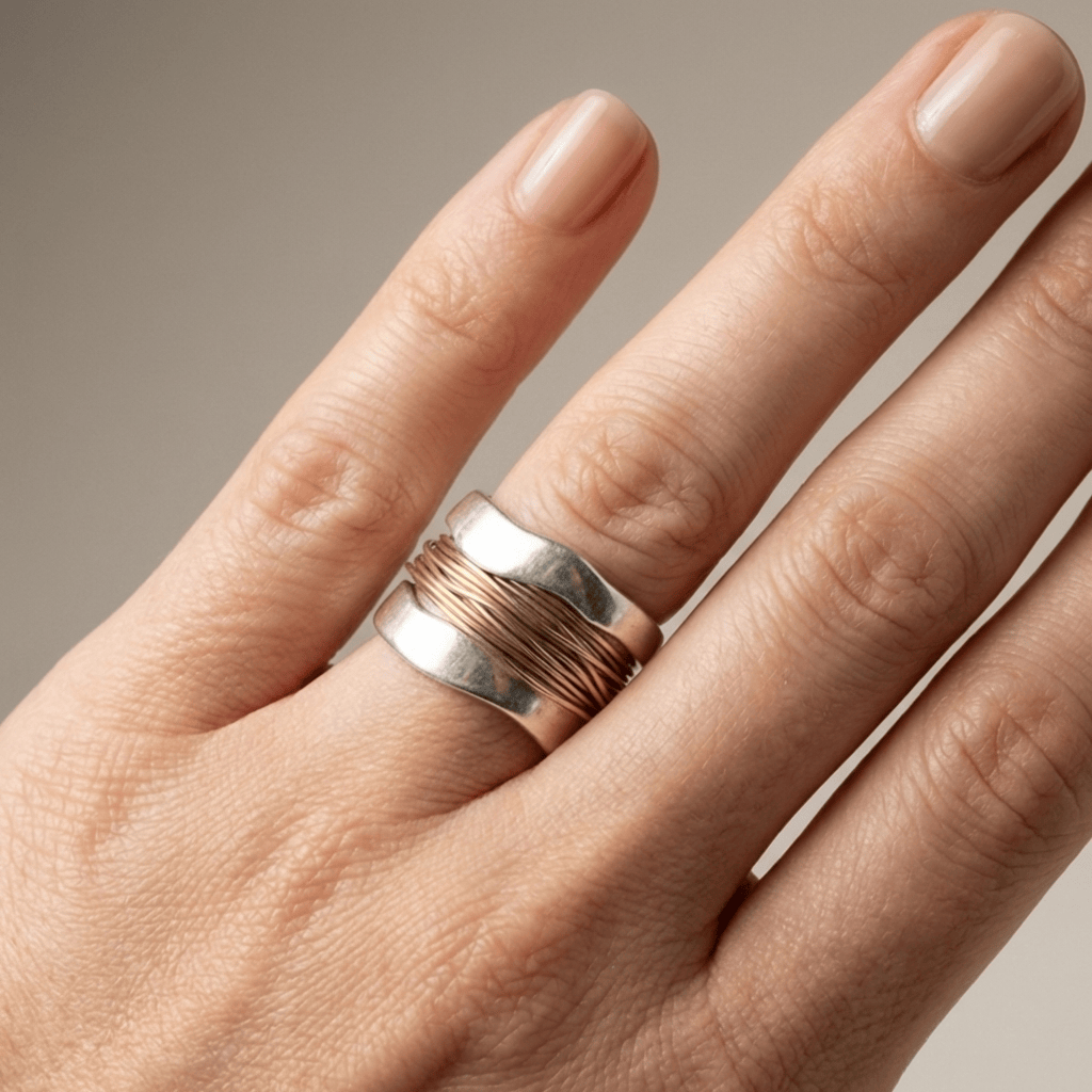 Wavy Wire-Wrap Ring with Wide Textured Band, Silver and Gold Tone