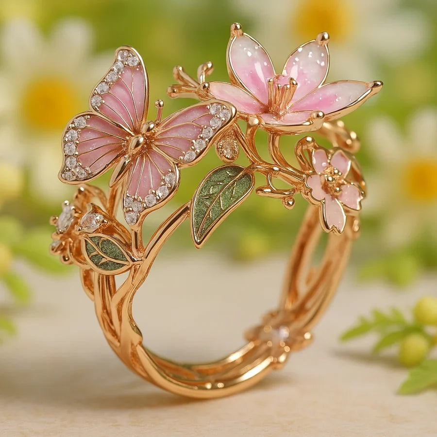 Butterfly Flower Zirconia Ring with Rose Gold-Tone Adjustable Band — view 3
