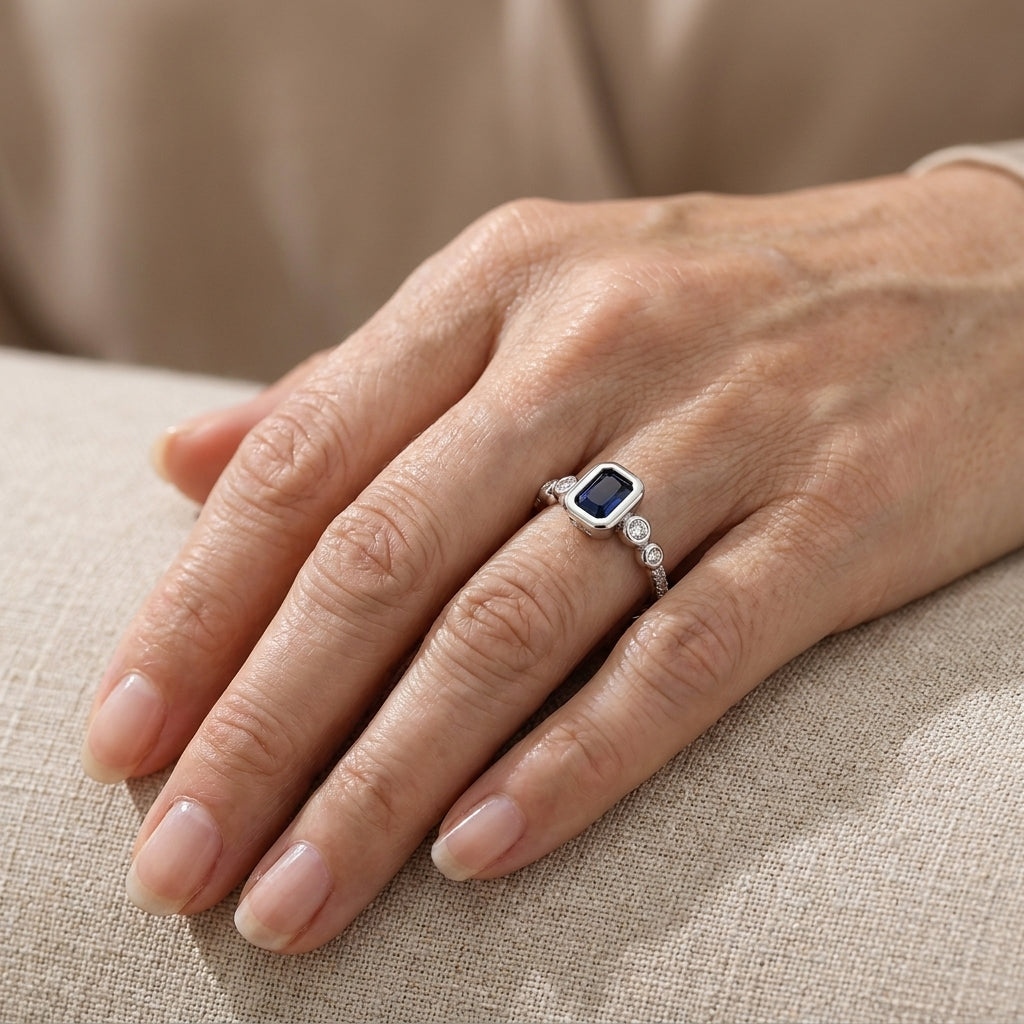 inlaid rectangular sapphire statement ring — lifestyle