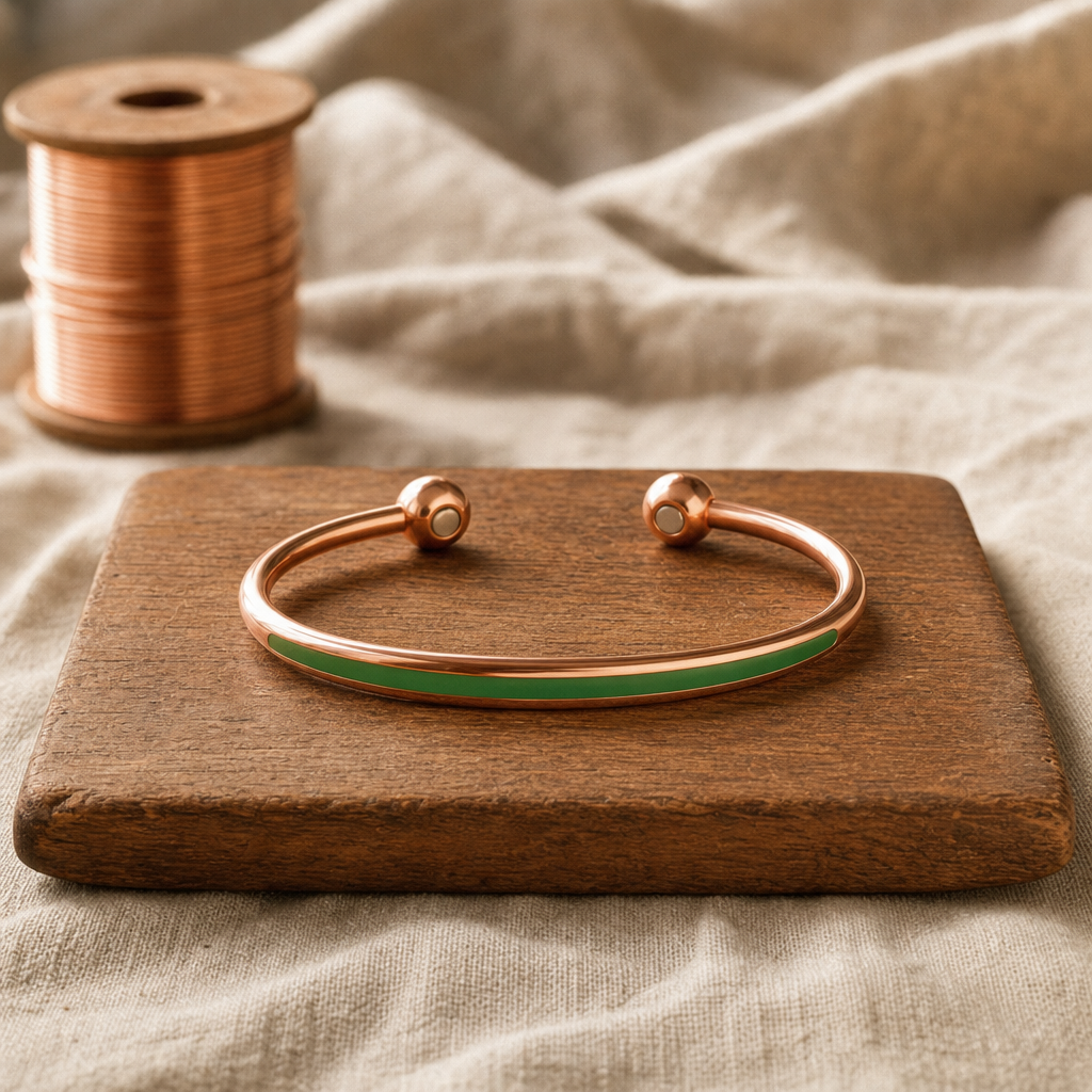 Copper Cuff Bracelet with Green Enamel Inlay — Handcrafted Wellness Bracelet — main image